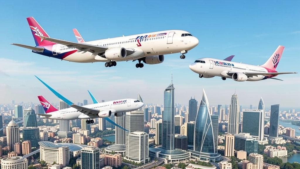 A detailed illustration of the Airbus A220-500, A350-2000, and Boeing 777-10X aircraft in flight, with a cityscape in the background, highlighting the growth of aviation in India, UAE, and Saudi Arabia.