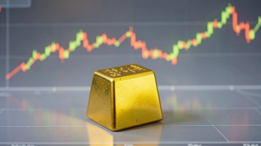 A photo of a gold bar with a graph of increasing gold prices in the background, with a subtle hint of a bull market