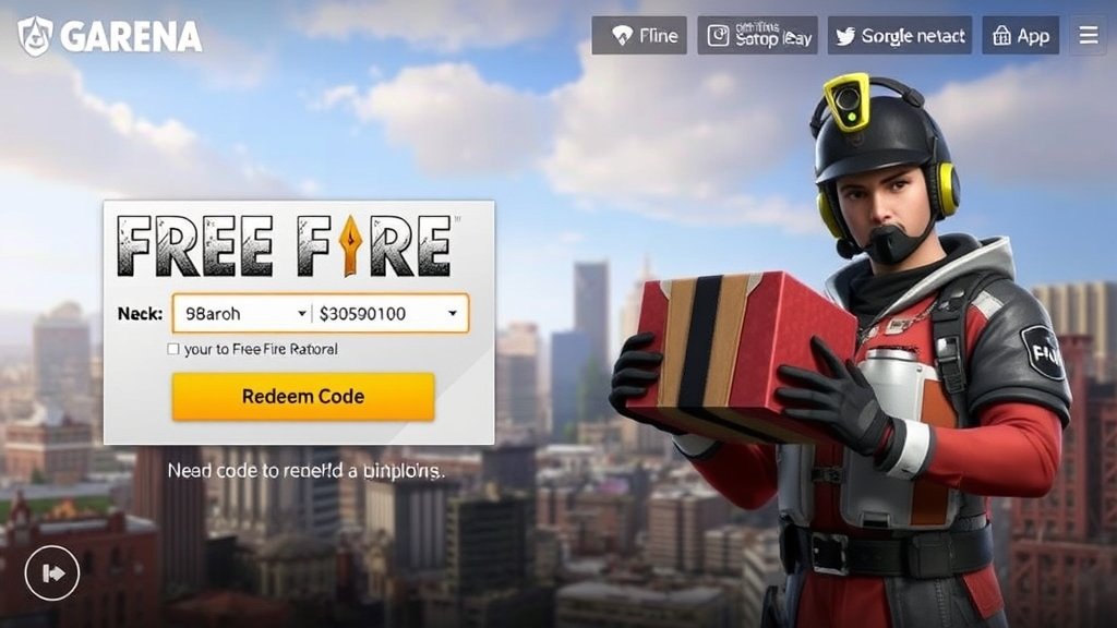 A screenshot of the Garena Free Fire MAX game with a Redeem Code input box and a character holding a reward box, with a cityscape in the background.