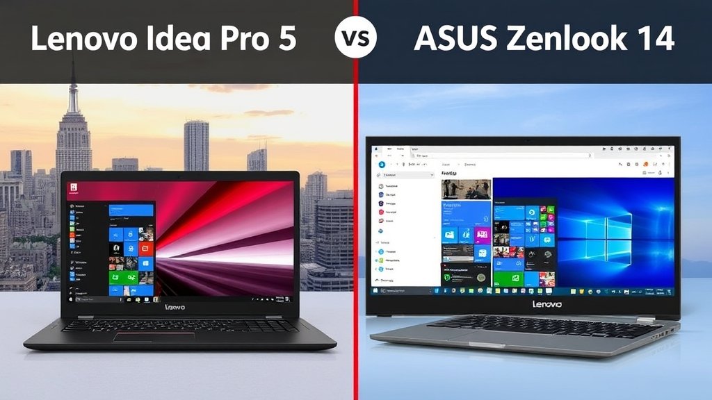 A side-by-side comparison image of Lenovo IdeaPad Pro 5 and ASUS Zenbook 14 laptops, with a cityscape background and a few productivity apps open on each screen.