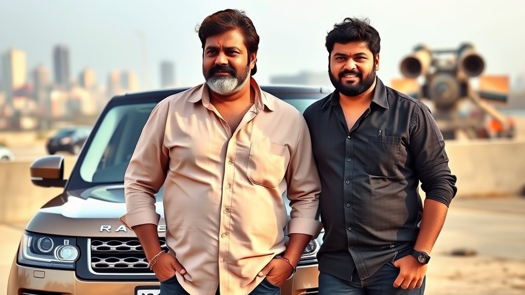 A photo of Chiranjeevi and Anil Ravipudi standing together with a Range Rover in the background, with a cityscape or a film set in the background to represent the Telugu film industry.
