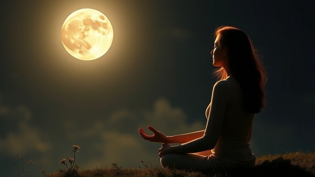 A serene and mystical image of a person meditating under a full moon with a subtle Cancer symbol in the background, surrounded by calming elements of nature.
