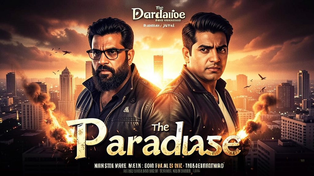 A poster of the Telugu film "The Paradise" featuring Nani and Raghav Juyal, with a cityscape or a dramatic background, highlighting the action thriller genre.
