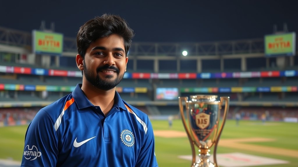 A photo of IS Bindra in a cricket stadium, with a background of Indian cricket players and a trophy