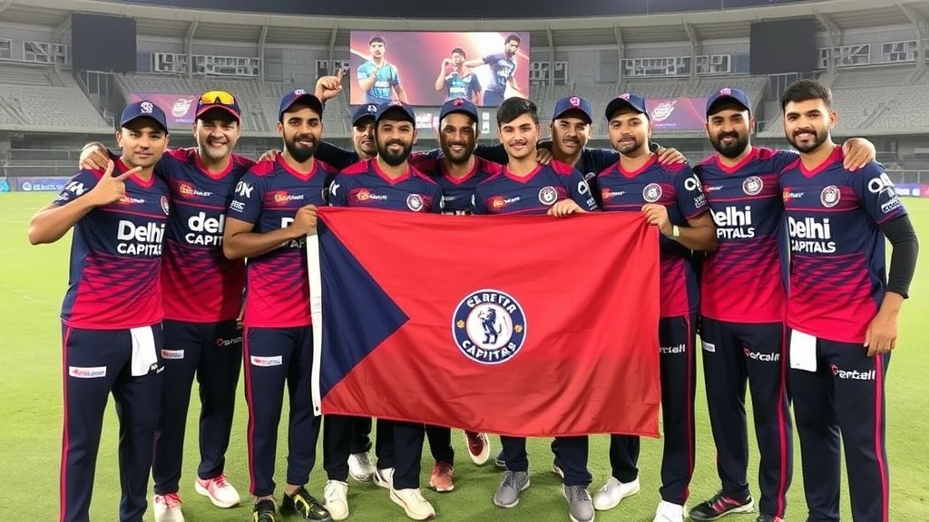 A photo of the Delhi Capitals team celebrating their win over Royal Challengers Bengaluru in the WPL 2026, with the players in their team jerseys and holding the team flag.