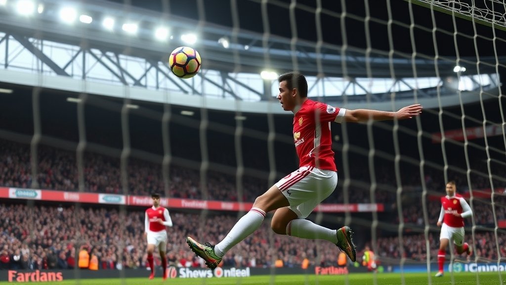 A dramatic photo of Matheus Cunha scoring the winning goal against Arsenal in a Premier League match, with the stadium crowd in the background and the ball flying into the net.