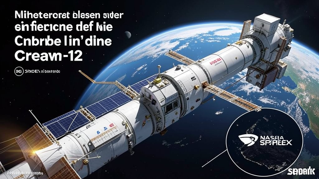 A detailed illustration of the SpaceX Crew-12 spacecraft approaching the International Space Station, with the Earth in the background, highlighting the mission's significance and the collaboration between NASA and SpaceX.