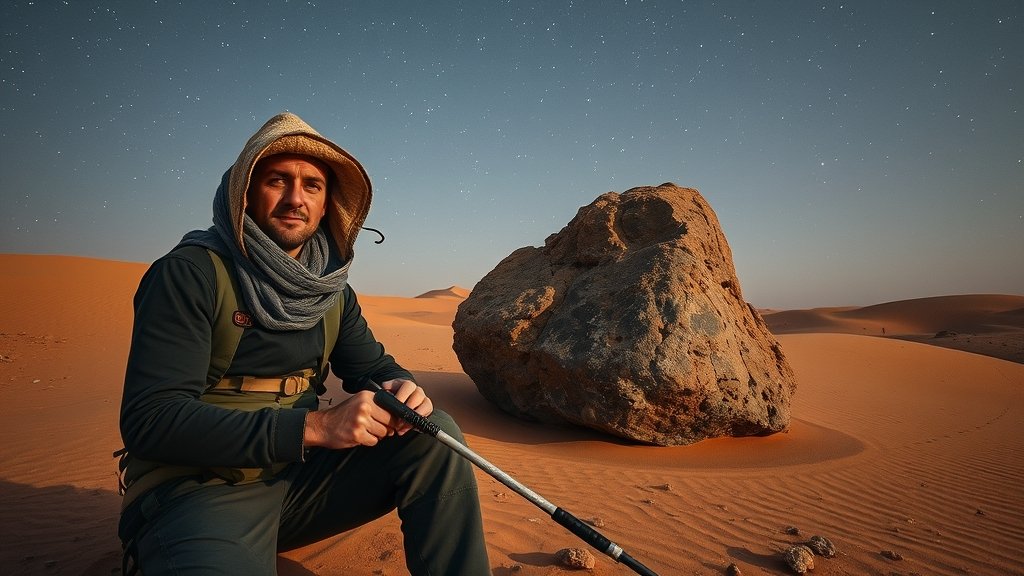 A photo of a meteorite hunter in the Sahara Desert, with a rare iron rock in the background, under the stars, with a sense of adventure and discovery