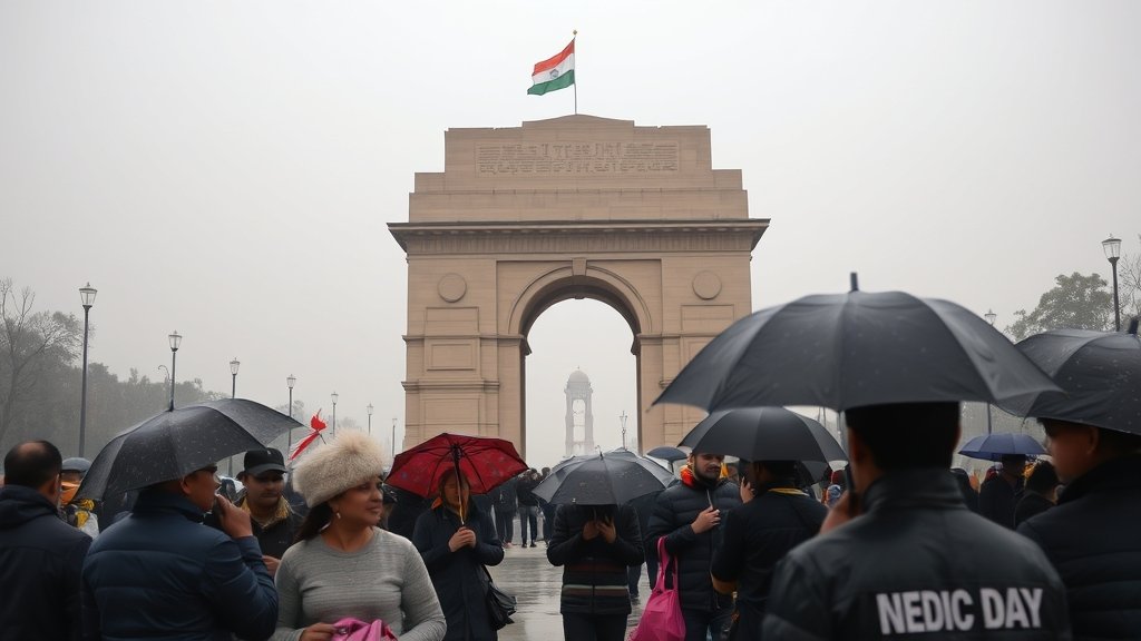 A photograph of the India Gate in New Delhi on a cold and cloudy Republic Day morning, with people bundled up in warm clothing and holding umbrellas.