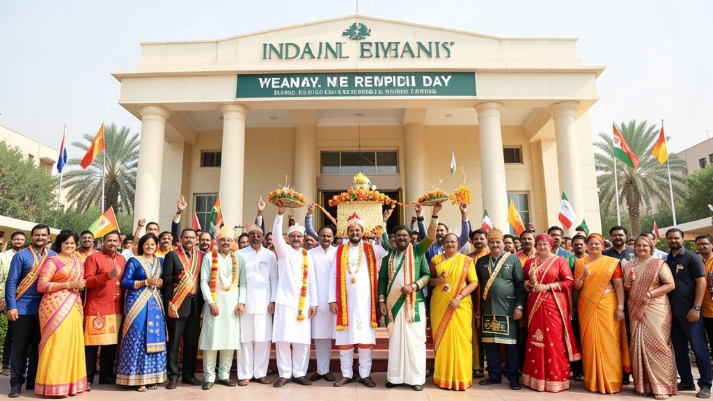 A photo of the Indian Embassy in Yemen or Myanmar celebrating Republic Day with Indian and local dignitaries, showcasing traditional Indian attire and cultural performances.