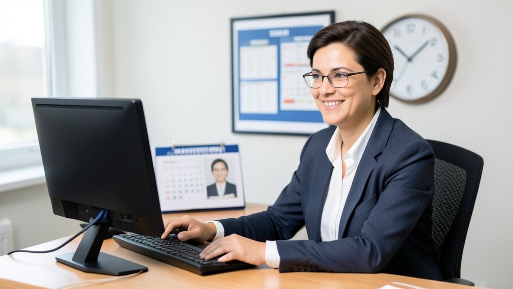 A professional image of a person sitting in front of a computer with a calendar or a clock in the background, symbolizing the wait for a visa interview.