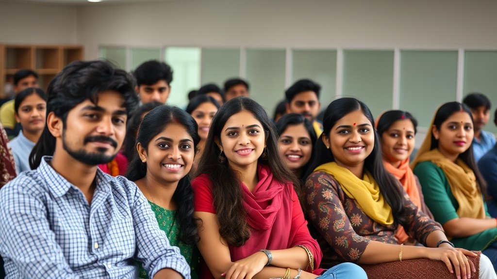 An image of a diverse group of students from different castes and backgrounds sitting together in a classroom, with a subtle background of a university or college campus, conveying a sense of inclusivity and equality.