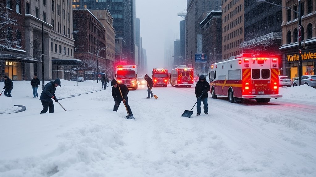 A dramatic photo of a snow-covered cityscape with people shoveling snow and emergency vehicles in the background, highlighting the severity of the winter storm in the US.