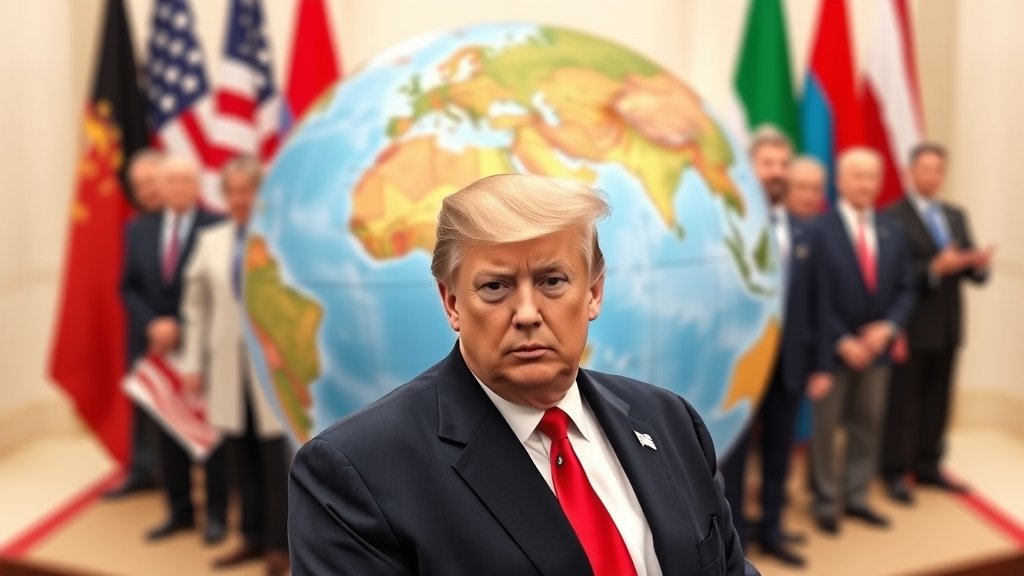 A photo of Donald Trump standing in front of a globe, with a group of world leaders in the background, symbolizing international cooperation and diplomacy.
