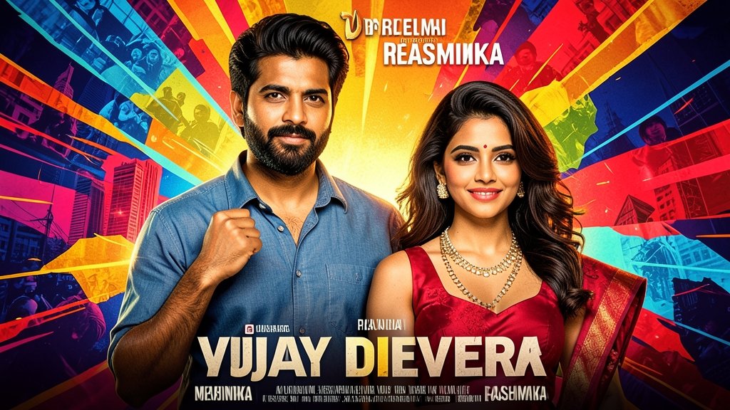 A movie poster with Vijay Deverakonda and Rashmika Mandanna in the lead roles, with a bold and eye-catching background that reflects the theme of the film.