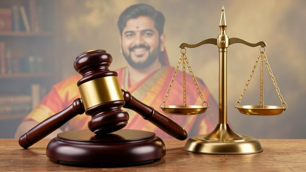A photo of a gavel and a scale of justice with a faint background image of a Bollywood actor, symbolizing the Indian justice system's response to crimes against domestic workers