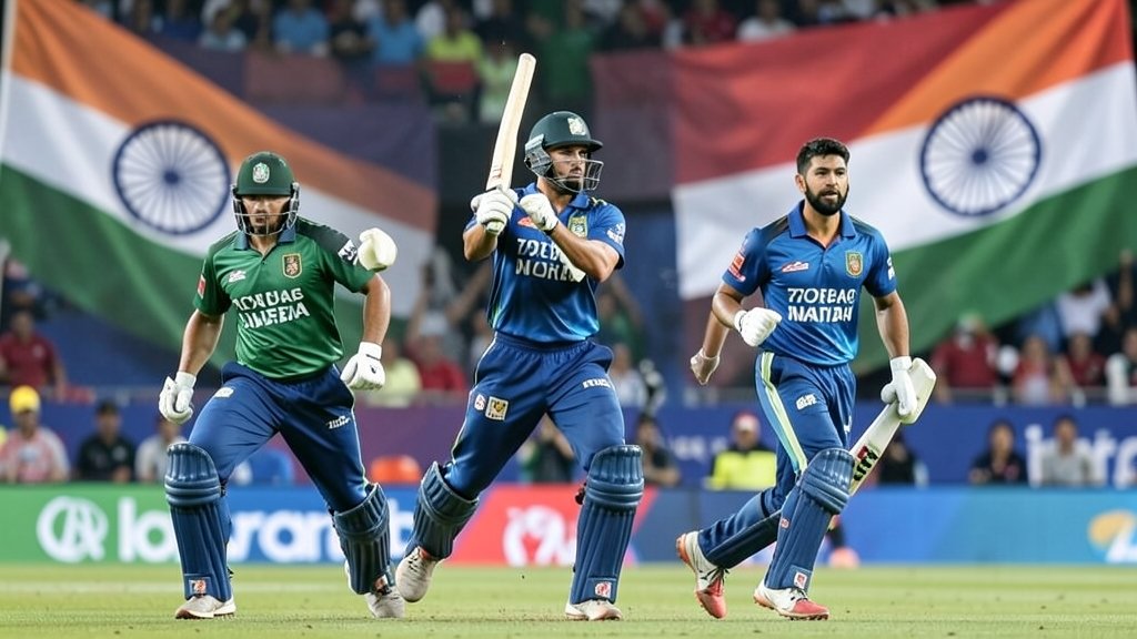 A photo of the Pakistan cricket team in action during a T20 World Cup match, with a subtle background of the Indian and Pakistani flags, symbolizing the diplomatic tensions surrounding the tournament.