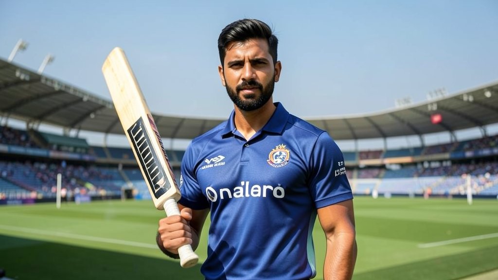 A photo of Gautam Gambhir holding a cricket bat and standing in front of a social media backdrop with a subtle hint of a cricket stadium in the background