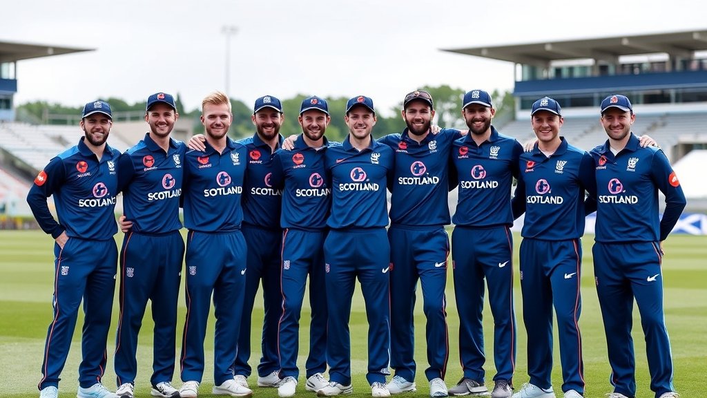 A photo of the Scotland cricket team posing together in their jerseys, with a subtle background of a cricket stadium and a hint of the Scottish flag.
