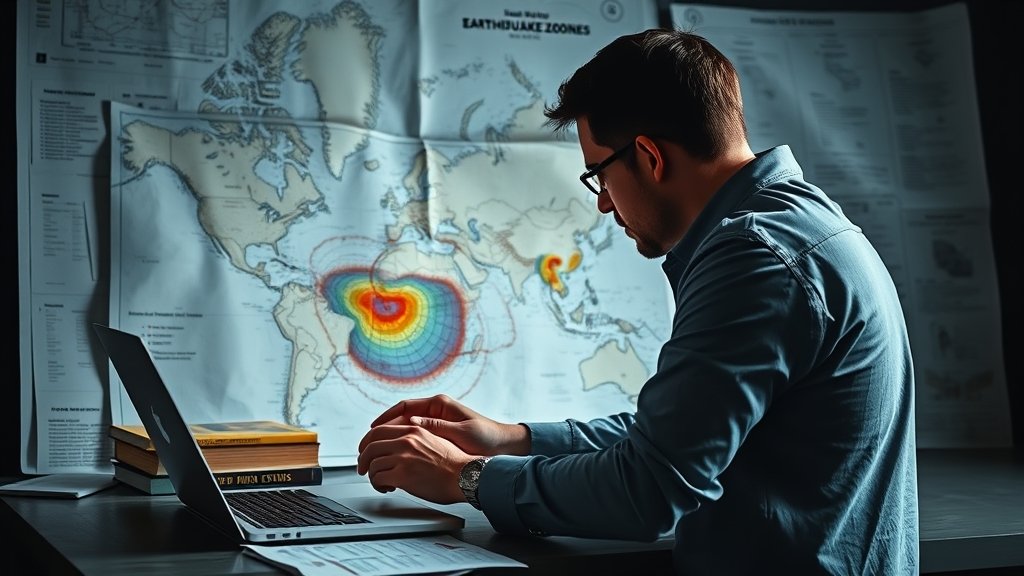 A dramatic image of a researcher studying a map of earthquake zones with a laptop and books nearby, symbolizing the importance of publication strategies in geosciences.