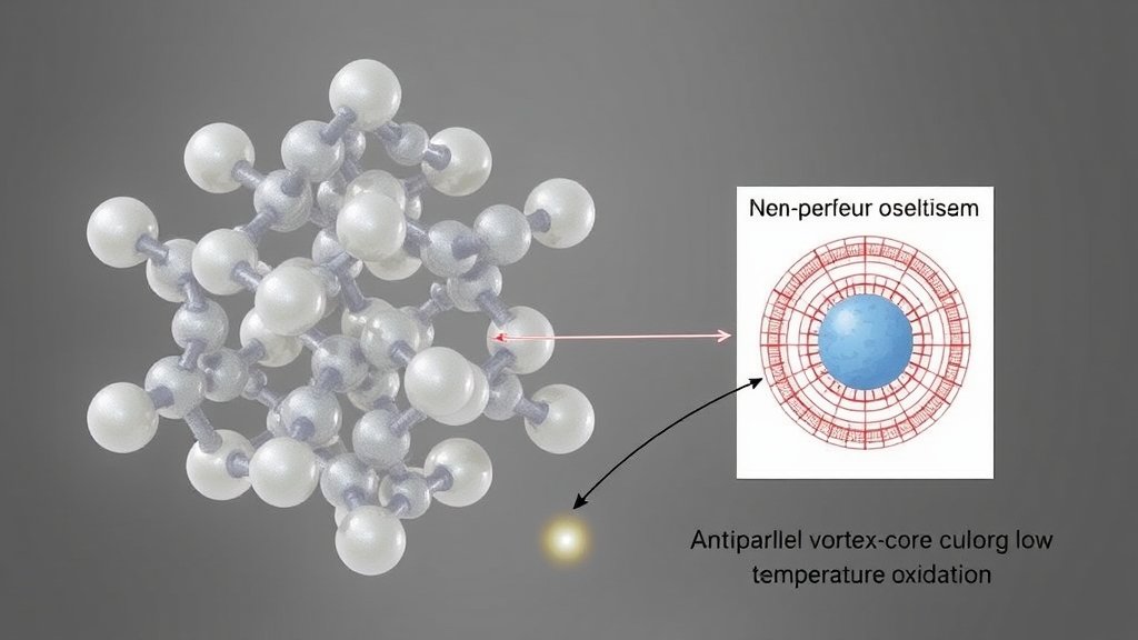 An illustration of the atomic structure of greigite, showing the arrangement of iron and sulfur atoms, with a visual representation of the antiparallel vortex-core coupling during low-temperature oxidation.