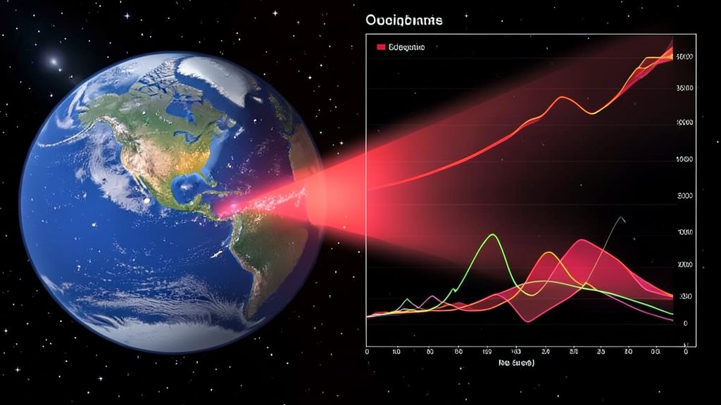 An illustration showing the Earth emitting infrared radiation into space, with a graph or chart in the background indicating changes in the outgoing infrared spectrum over time.