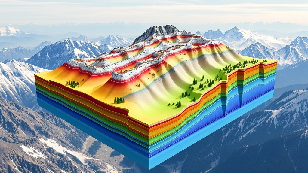 A 3D numerical model of the Valpelline Series in the western Alps, with colored layers representing different geological formations and a subtle background image of the Alps mountains
