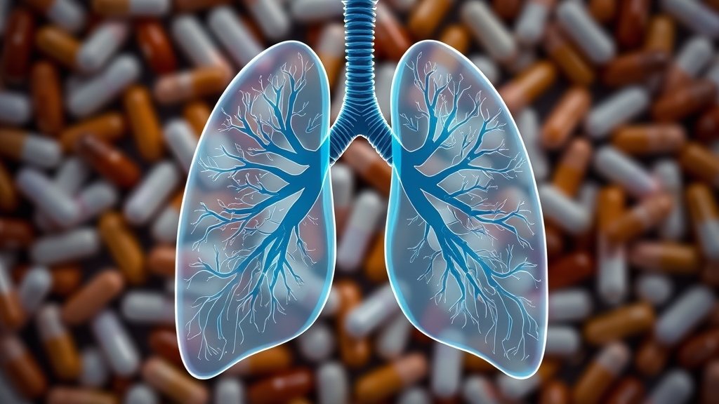 a detailed illustration of the human lungs with a subtle background texture of medication capsules, highlighting the connection between ACE inhibitors and pulmonary fibrosis treatment