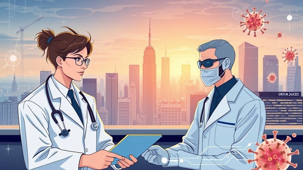 A futuristic illustration of a doctor and a data scientist working together, with a cityscape in the background and a subtle hint of a virus being contained.