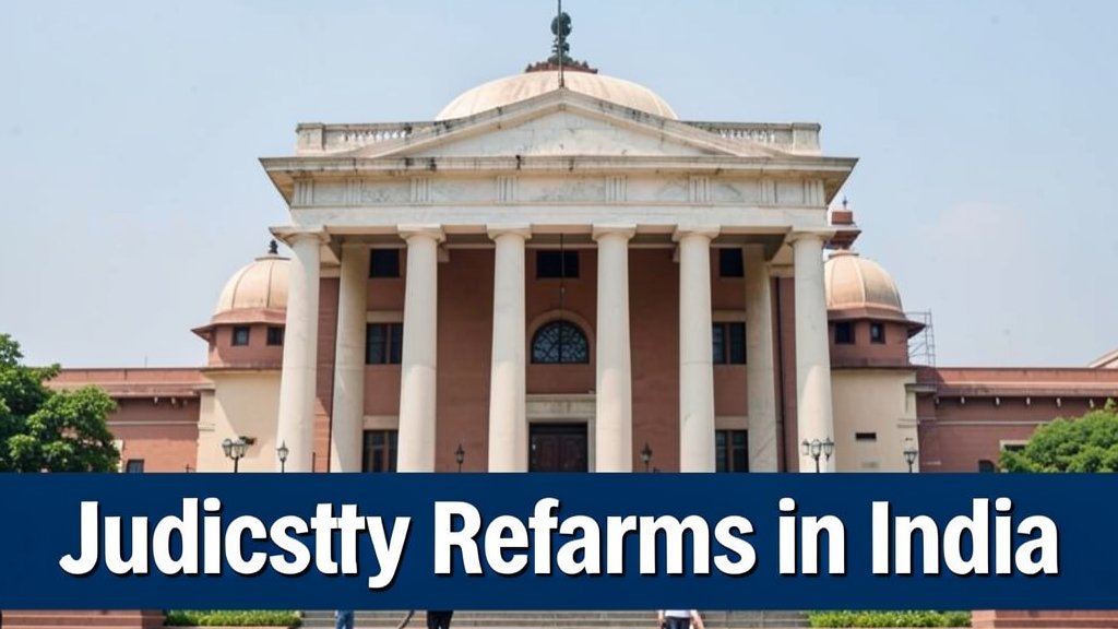 A photo of the Supreme Court of India with a caption "Judiciary Reforms in India"