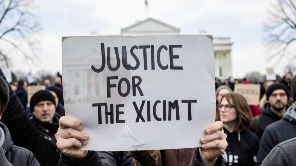 A photo of a protest in Minnesota with a sign that reads "Justice for the victim" and a faint image of the White House in the background