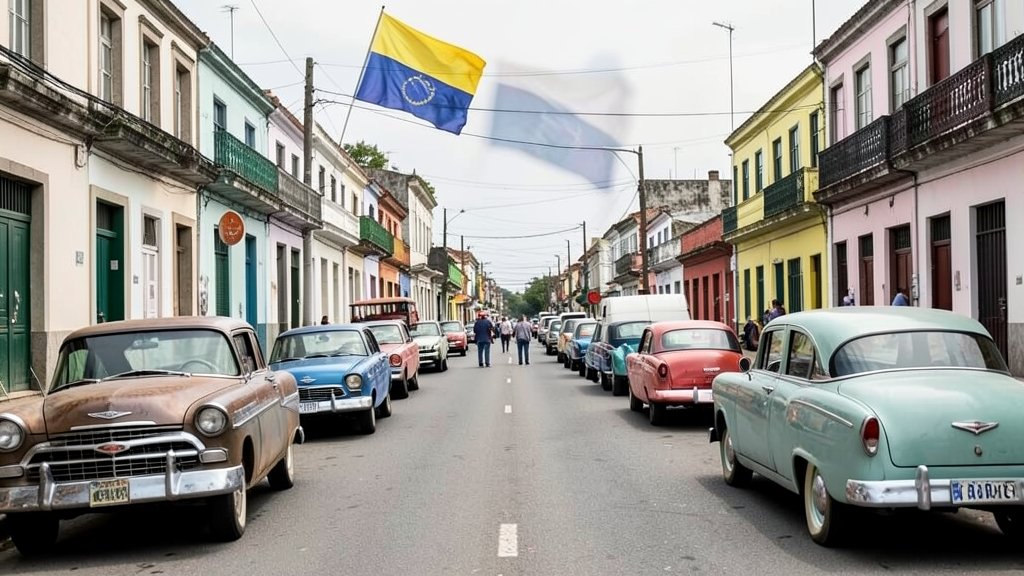 A photo of a Cuban street with a mix of old and new cars, with a subtle hint of a Venezuelan flag in the background, conveying the economic and cultural ties between the two countries.