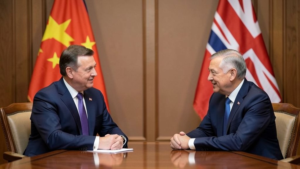 A photo of the UK Prime Minister meeting with the Chinese President, with a background of the Chinese and UK flags