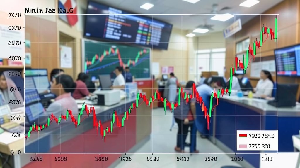 A graph showing the fluctuation of the Indian rupee against the US dollar, with a background image of the Indian stock market or a currency exchange office.