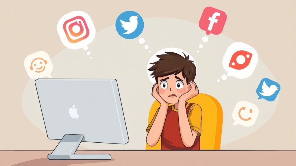 A illustration of a young person sitting in front of a computer with a worried expression, with social media logos in the background.