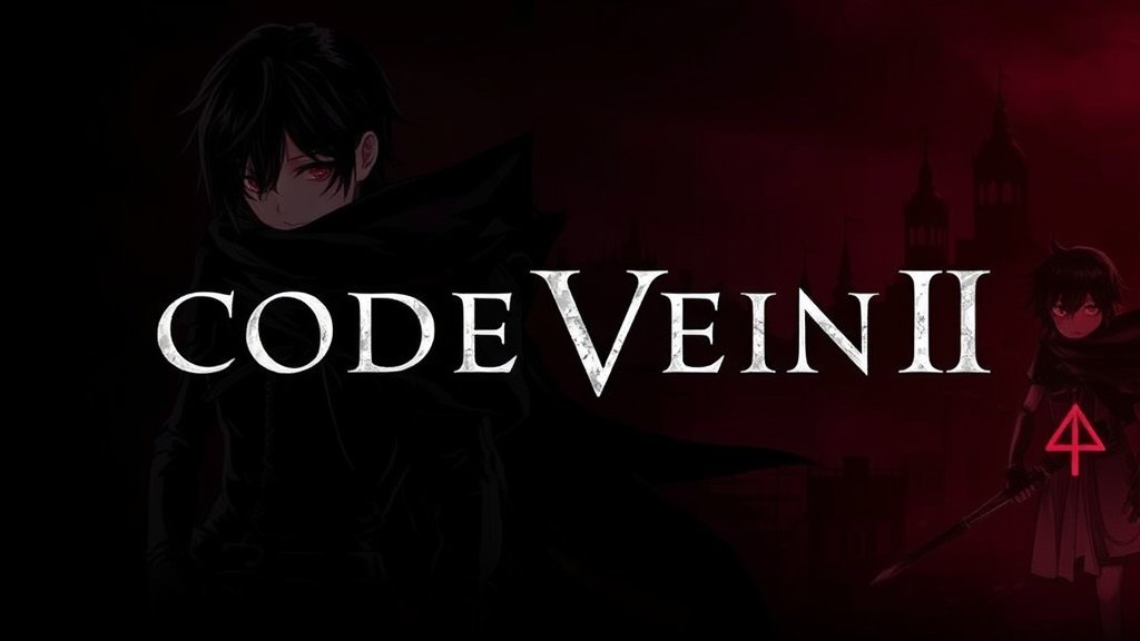 A dark, gothic-themed image featuring a character from Code Vein II, with a cityscape or a mysterious environment in the background, highlighting the game's atmosphere and style.