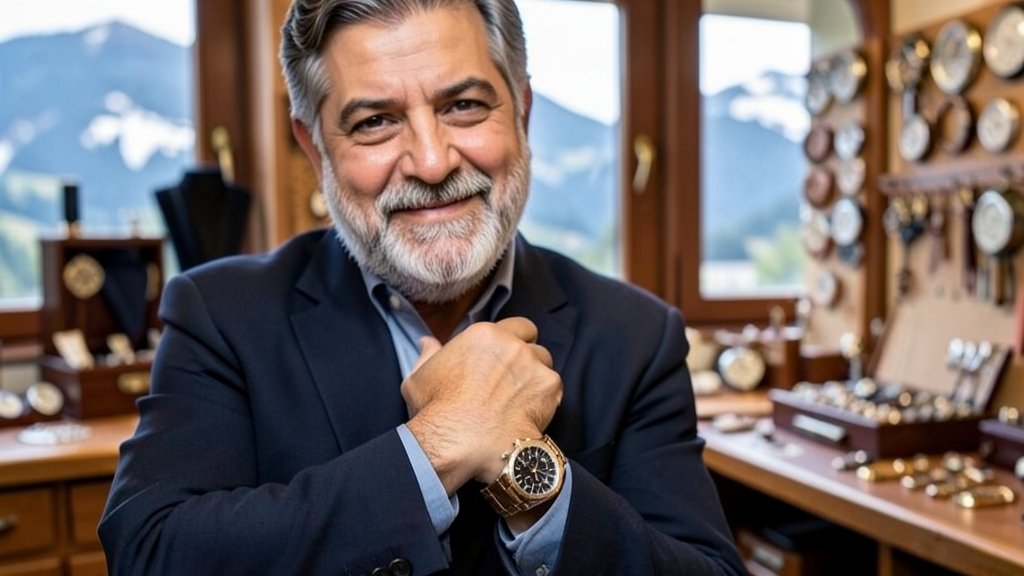 A photo of Badshah wearing a luxurious watch, with a blurred background of a watchmaking workshop or a Swiss landscape