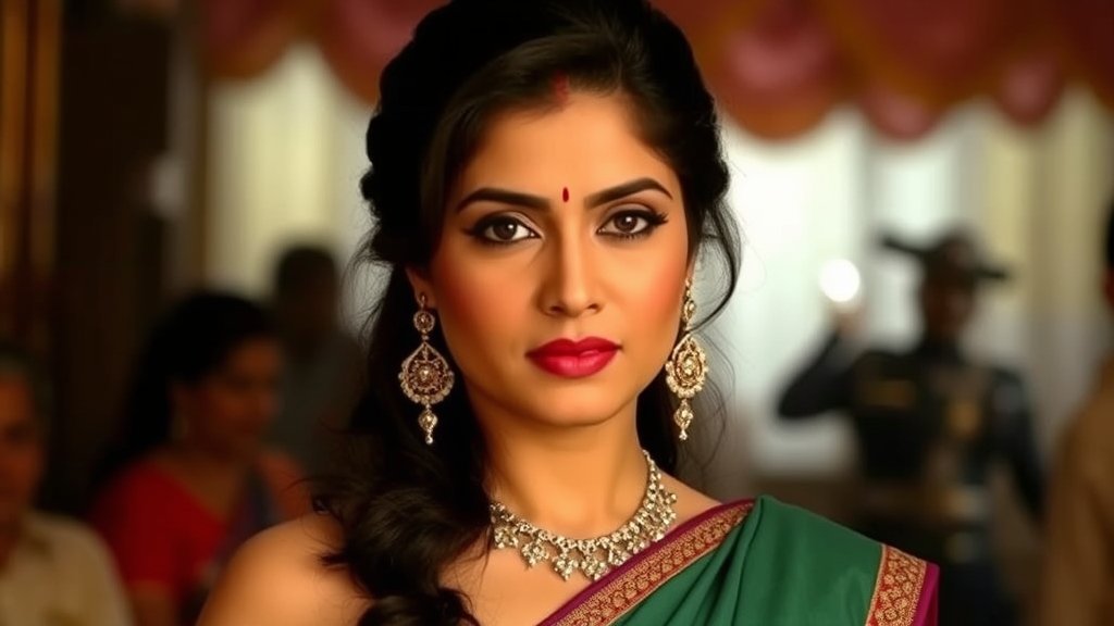 A photo of Archana Puran Singh with a confident and determined expression, with a subtle background of a film set or a Bollywood-themed setting.