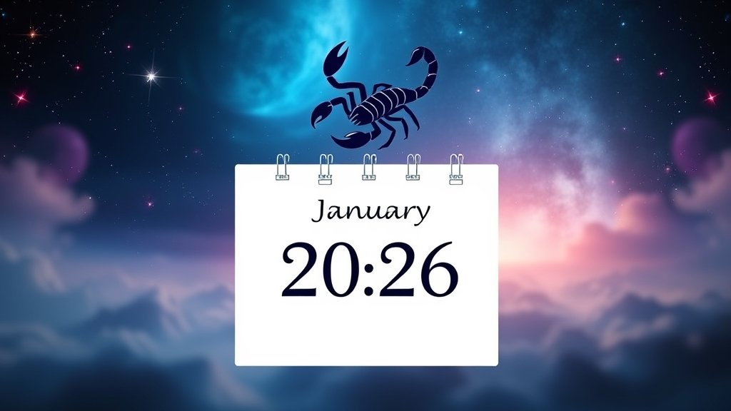 A serene and mystical background with a scorpion symbol and a calendar page showing January 27, 2026, with a subtle glow of cosmic elements.
