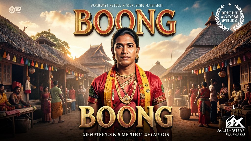 A cinematic poster of the film Boong with a backdrop of Manipuri culture and a hint of British Academy Film Awards logo