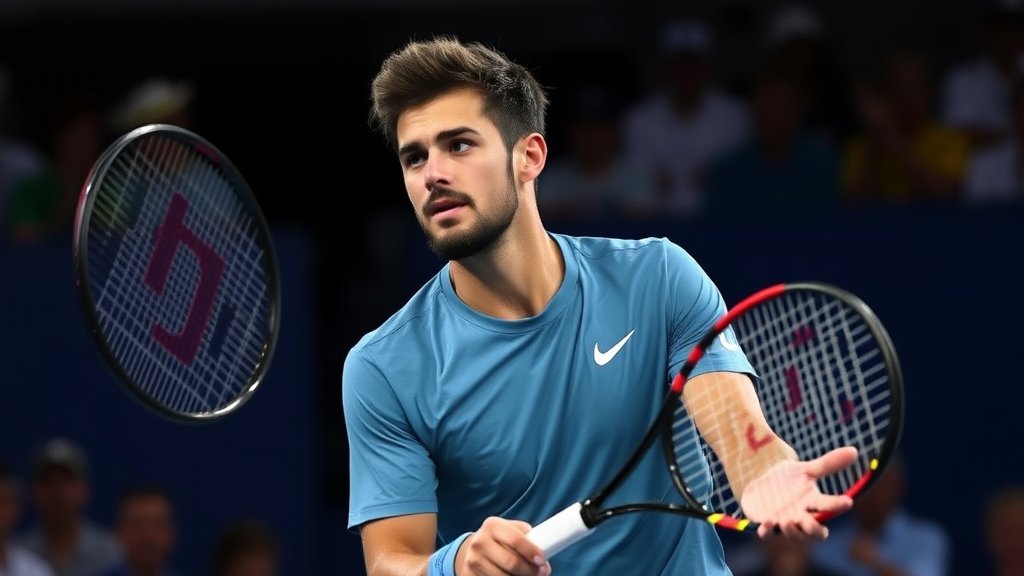 A photo of Carlos Alcaraz in action during the Australian Open 2026, with a focused expression and a racket in hand, set against the backdrop of the Rod Laver Arena.