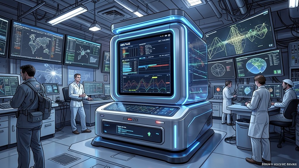 A futuristic illustration of a supercomputer in a NASA laboratory, with scientists and engineers working in the background, surrounded by screens displaying complex data and simulations.