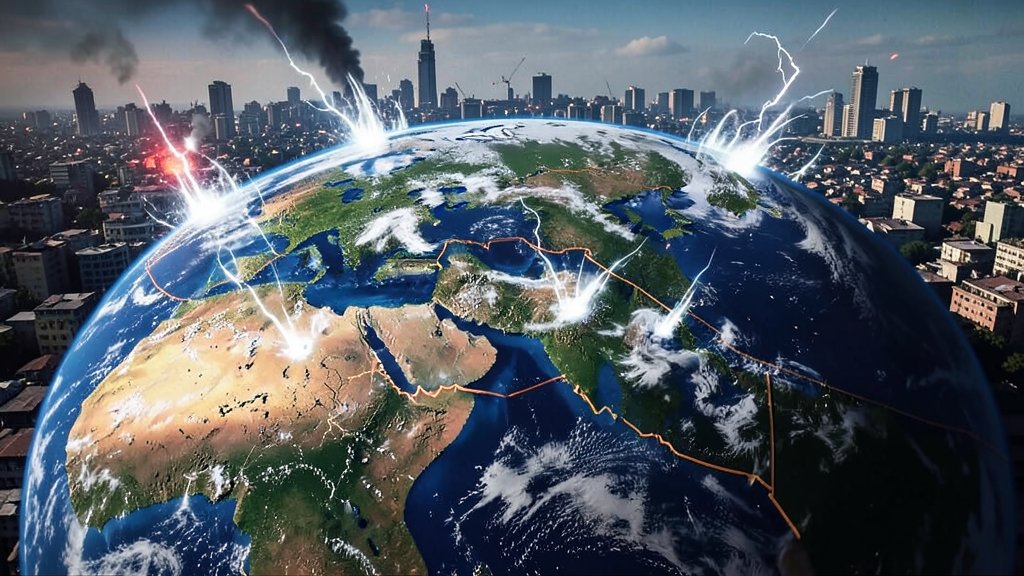 A dramatic illustration of the Earth's surface with tectonic plates moving and causing earthquakes, with a cityscape in the background to show the impact on human settlements