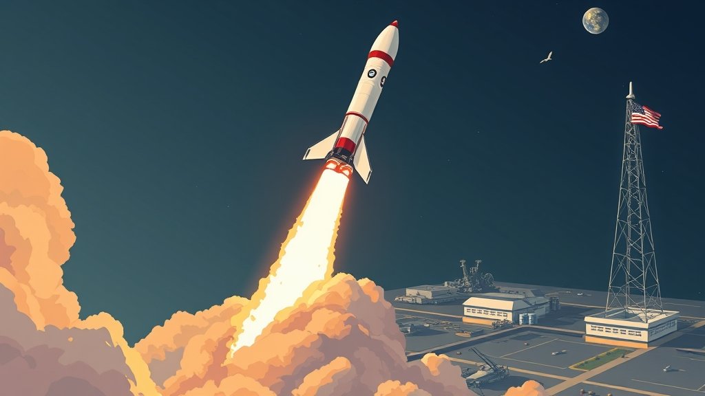 A detailed illustration of a SpaceX rocket launching into space, with a subtle background of a national security facility or a military base, highlighting the connection between space technology and national security.