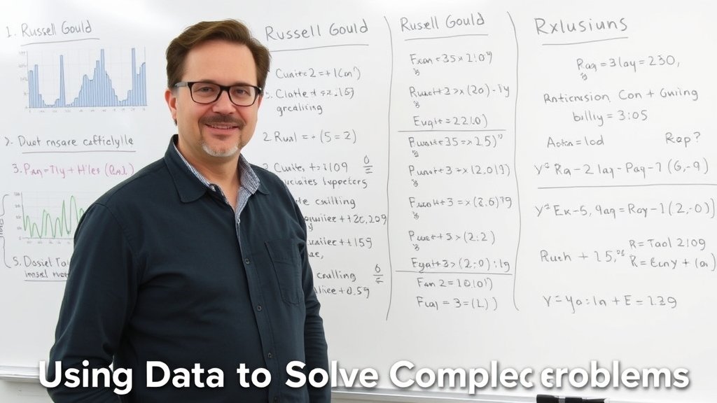 A photo of Russell Gould standing in front of a whiteboard filled with data visualizations and equations, with a caption "Using Data to Solve Complex Problems"