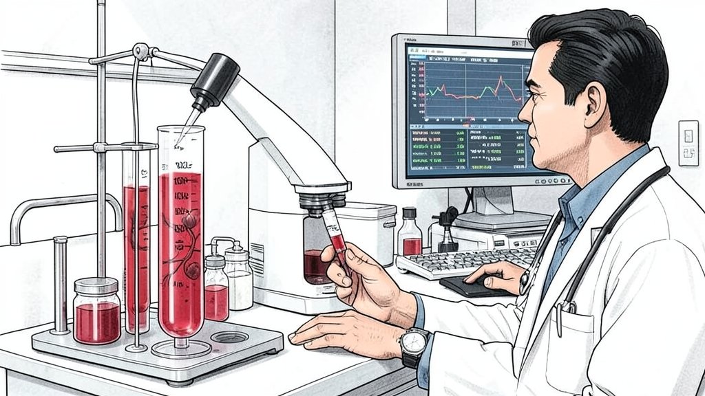 A detailed illustration of a blood culture test being conducted in a hospital laboratory, with a doctor examining the results on a computer screen in the background.