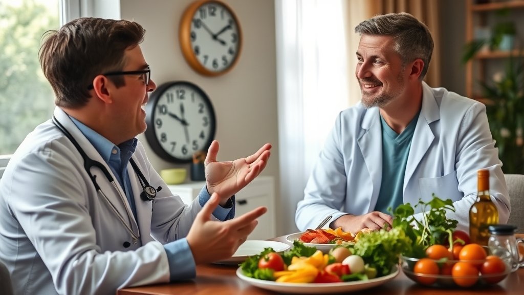 A doctor explaining the importance of dinner time to a patient, with a clock and a healthy meal in the background