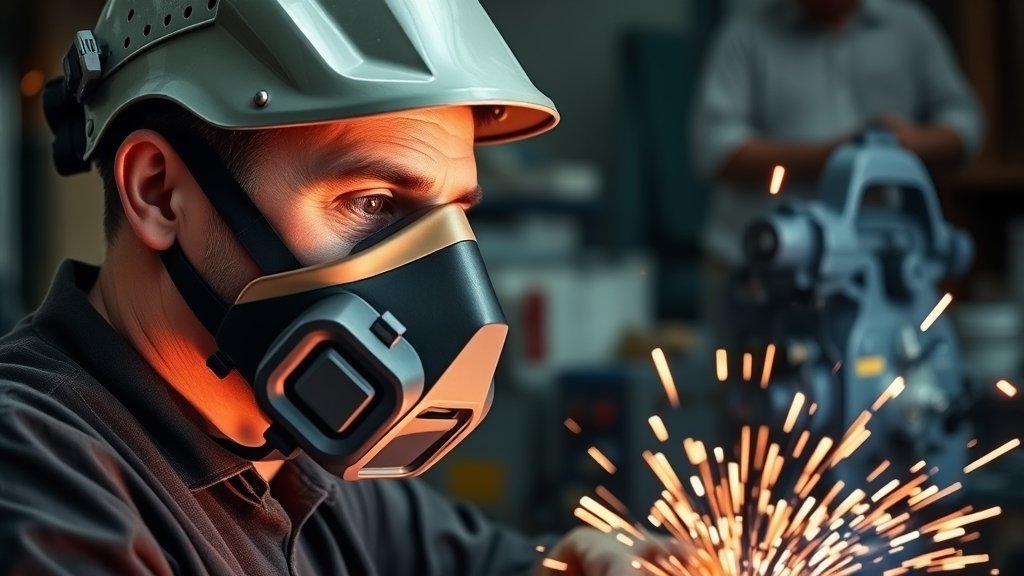A welder wearing a mask and working in a well-ventilated area, with a background of welding equipment and sparks flying, representing the importance of safety measures in preventing occupational lung disease.