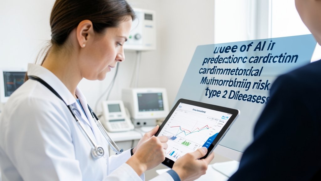 A doctor looking at a patient's medical chart on a tablet, with a background of medical equipment and a stethoscope, symbolizing the use of AI in predicting cardiometabolic multimorbidity risk in type 2 diabetes