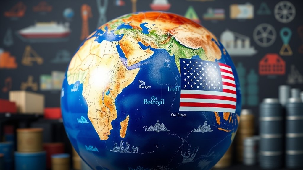 A photo of a globe with India, Europe, and the United States highlighted, with a background of trade-related icons such as ships, containers, and oil barrels.